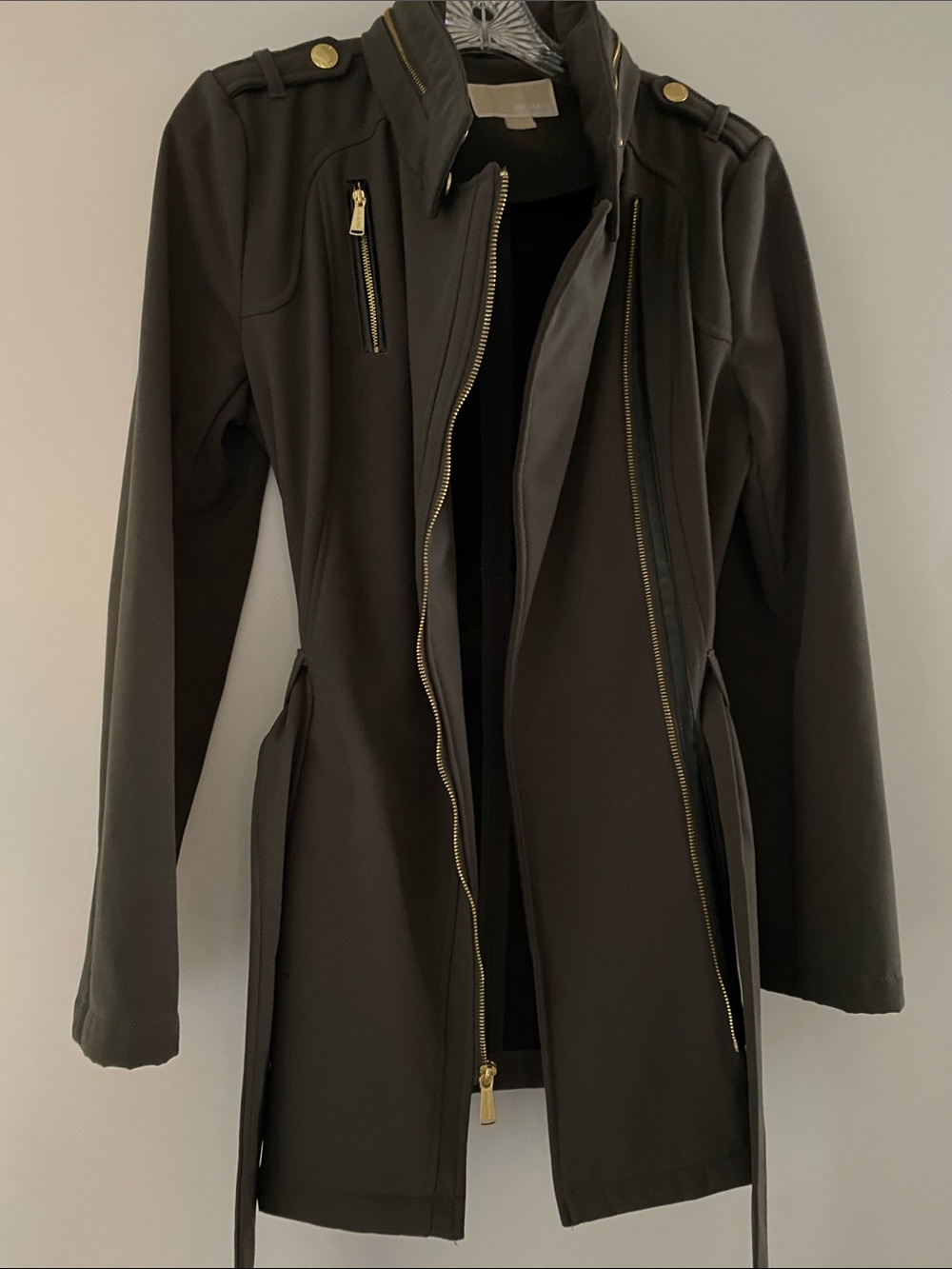 COPY MK Dark Olive Micro Fur Lined Coat Rain Resistant Stretch Hood Belt S